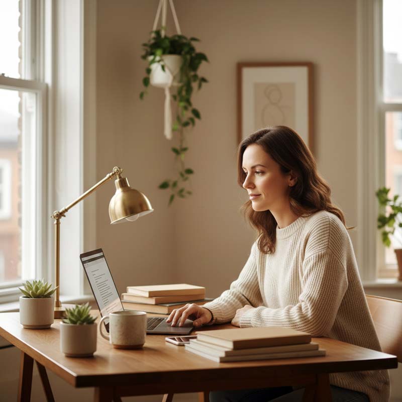 Adult Woman Working on Her Laptop With Calm Focus