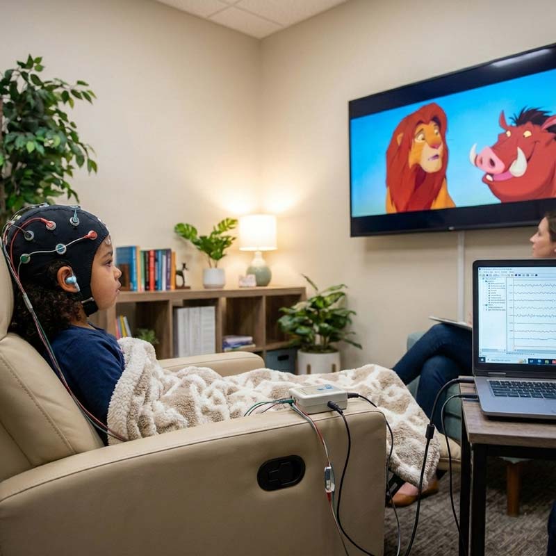 Child Watching Movie During an ADHD Neurofeedback Therapy Session